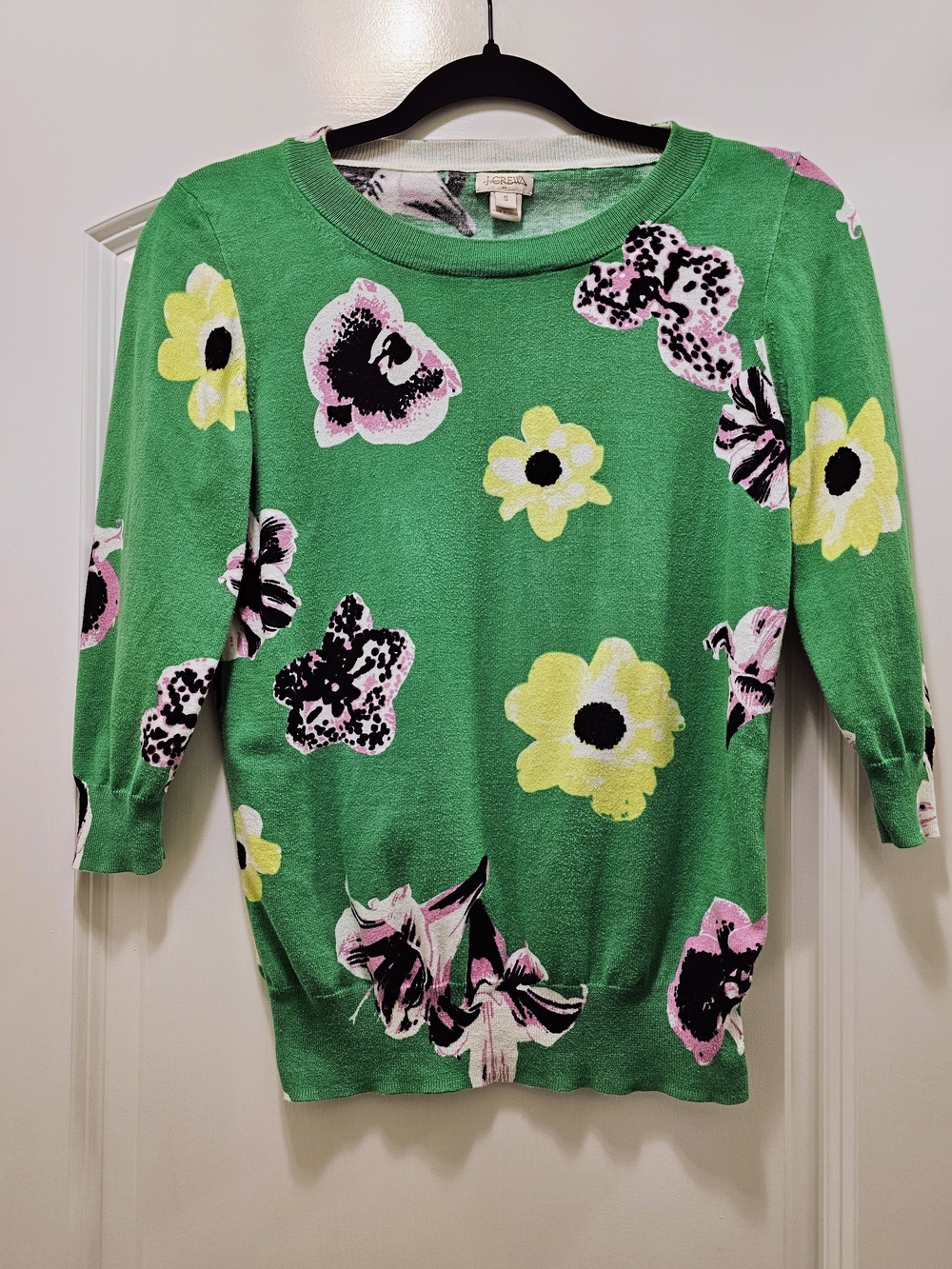 J.Crew Charley Sweater Small Green Floral 100% Cotton 3/4 Sleeve - Picture 3 of 6